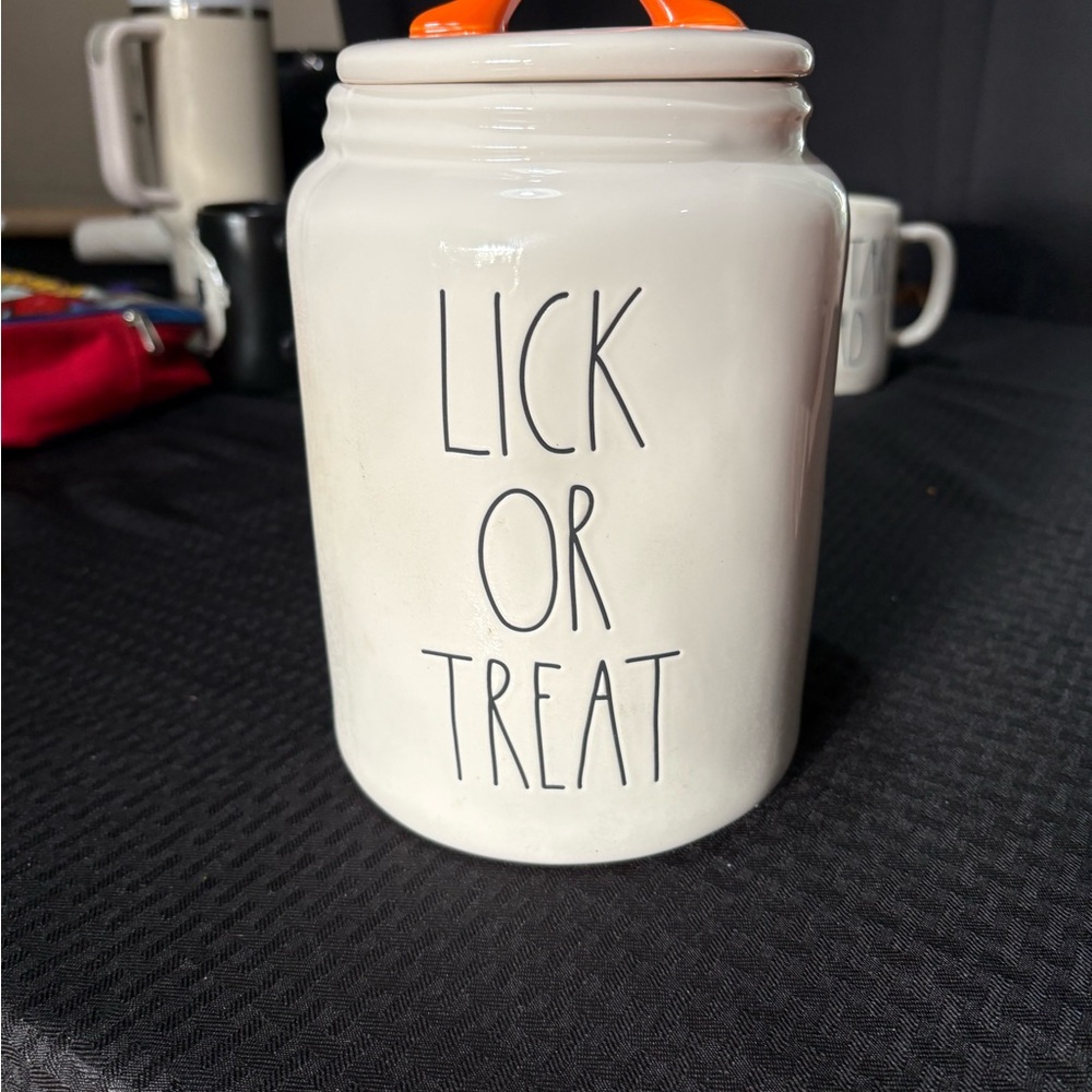 Rae Dunn White Halloween Dog Treat Jar with Orange Lid